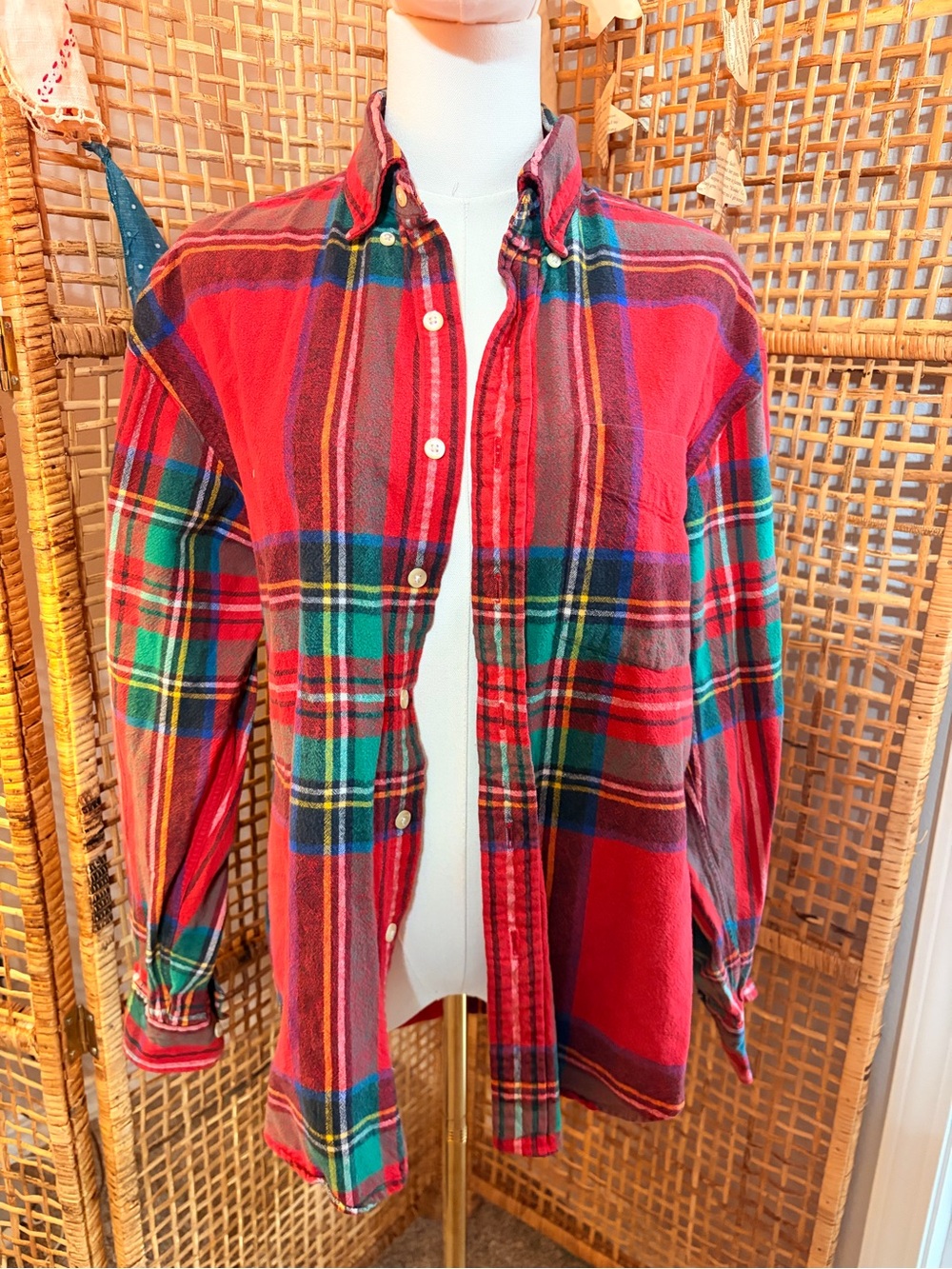 GAP Vintage Red Plaid Button-Up Shirt with Blue Logo Patch
